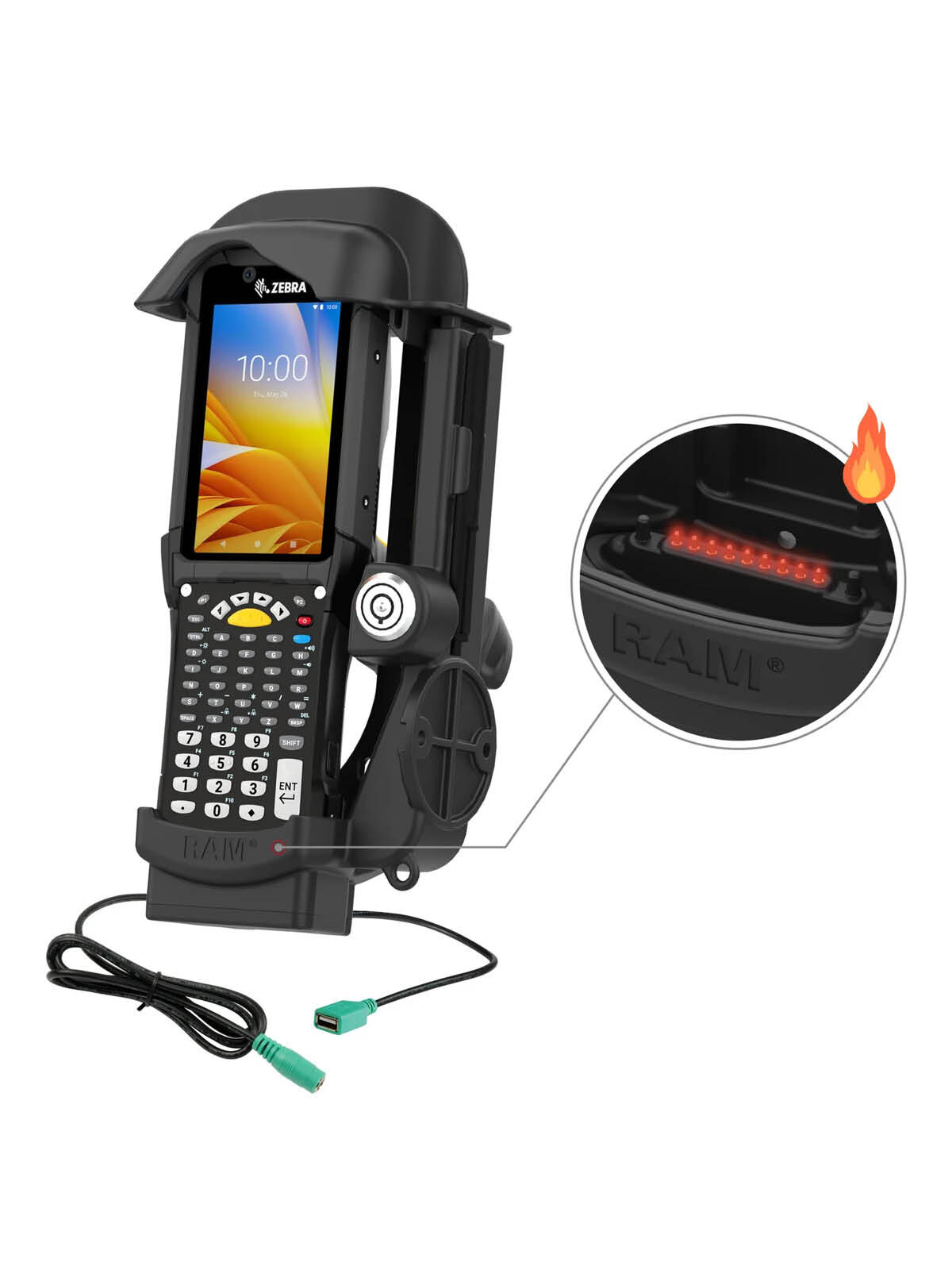 RAM Mounts Form-Fit Halteschale (Schlüsselverriegelung) für Zebra MC9300 & MC9400 - mit & ohne Rugged Boot - Beheizte Pogo-Pins - 5.5mm DC & USB-A-Anschluss