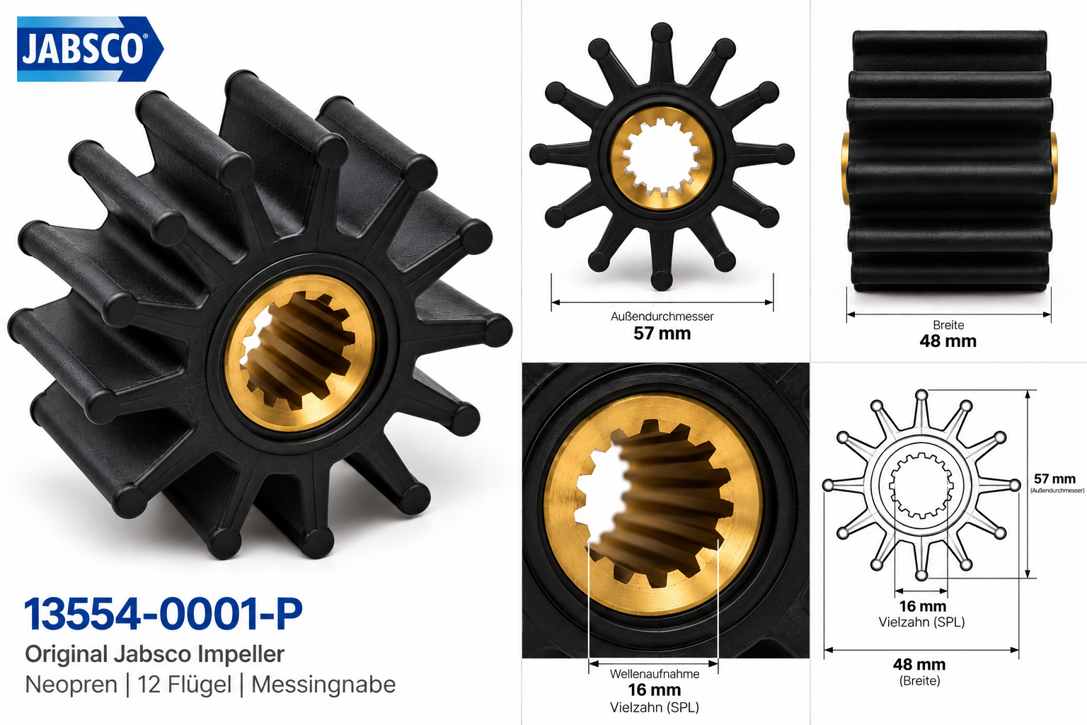 Jabsco Impeller Neopren/Ms 57mm in einer technischen Zeichnung mit Maßen