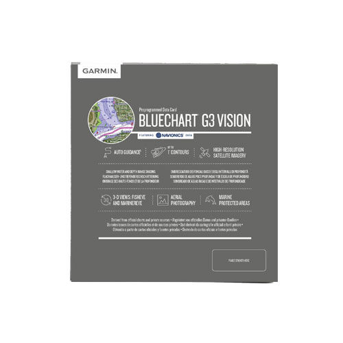 Graue Produktverpackung der Garmin BlueChart g3 Vision Seekarte mit Hinweisen zu Funktionen und Navionics-Daten.