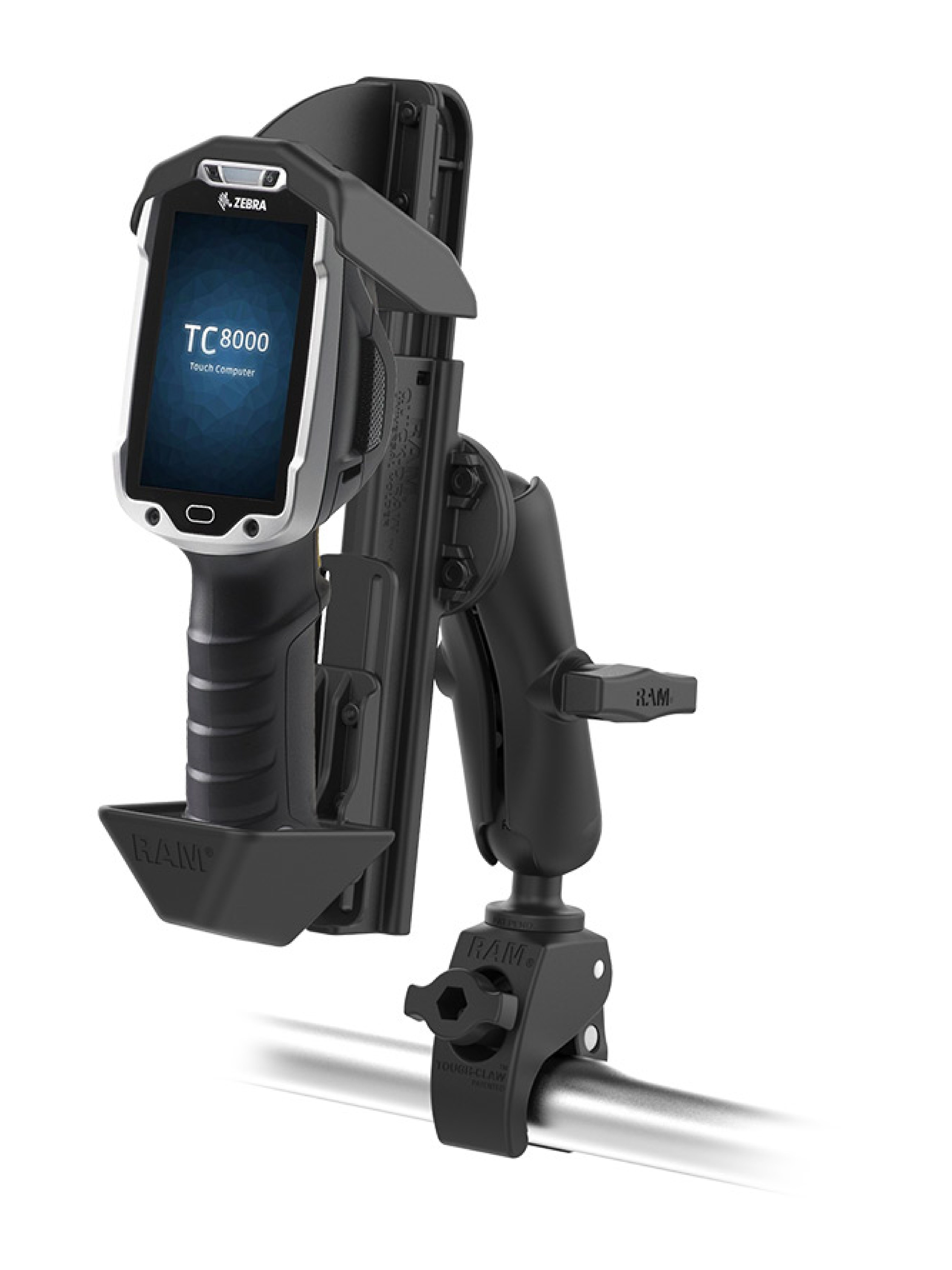 RAM Mounts Quick-Draw Aufbau-Set Halterung für Zebra TC8000 & TC8300 - Tough-Claw Klein (15,8-28,9mm) - Mittlerer Verbindungsarm (ca. 145 mm Länge) - Runde Basisplatte (C-Kugel - 1,5 Zoll - AMPS)