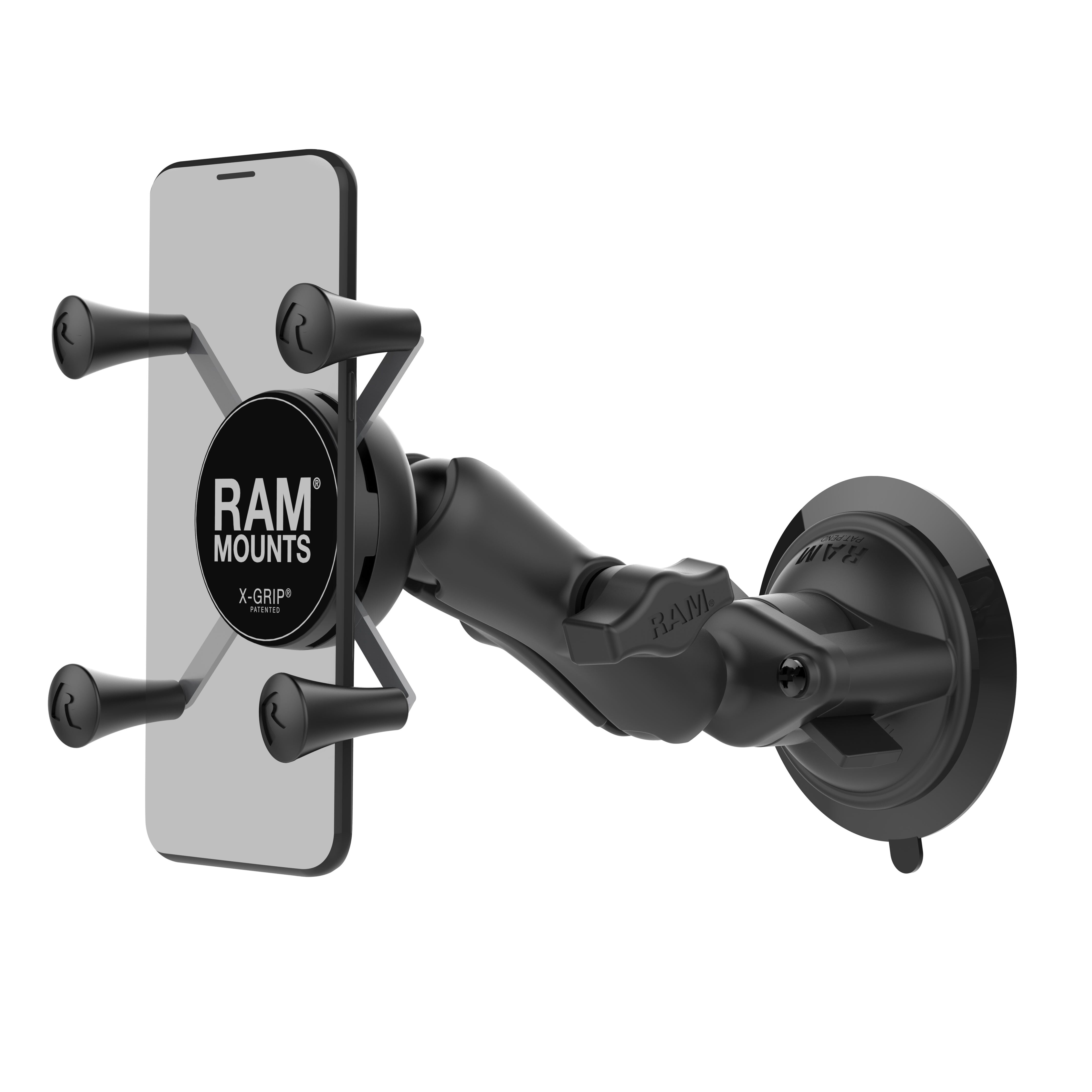 RAM Mounts X-Grip Saugfuß-Halterung für Smartphones - Bis 82,55 mm Breite - Mittlerer Verbindungsarm - Saugfuß mit Trapez-Basiskugel - B-Kugel (1 Zoll) - Schrauben-Set