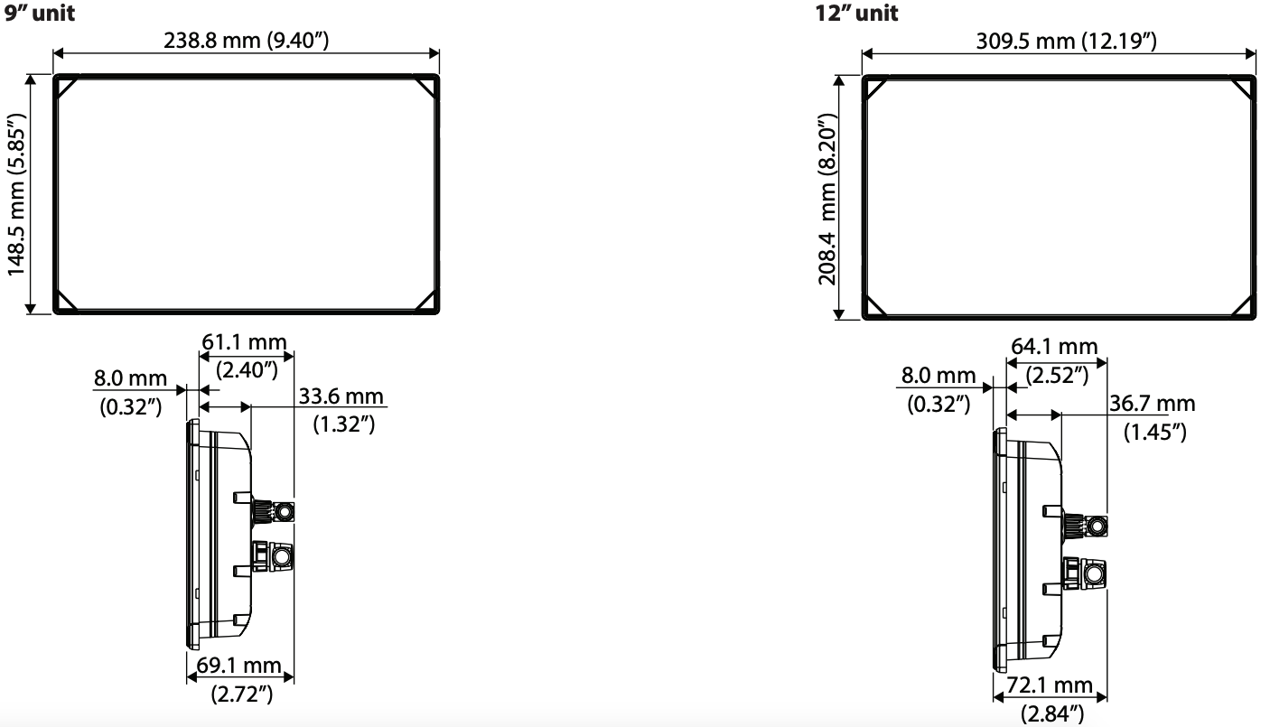 Technische Zeichnung der Abmessungen für die 9 Zoll und 12 Zoll Display Einheiten mit allen Maßangaben in Millimeter und