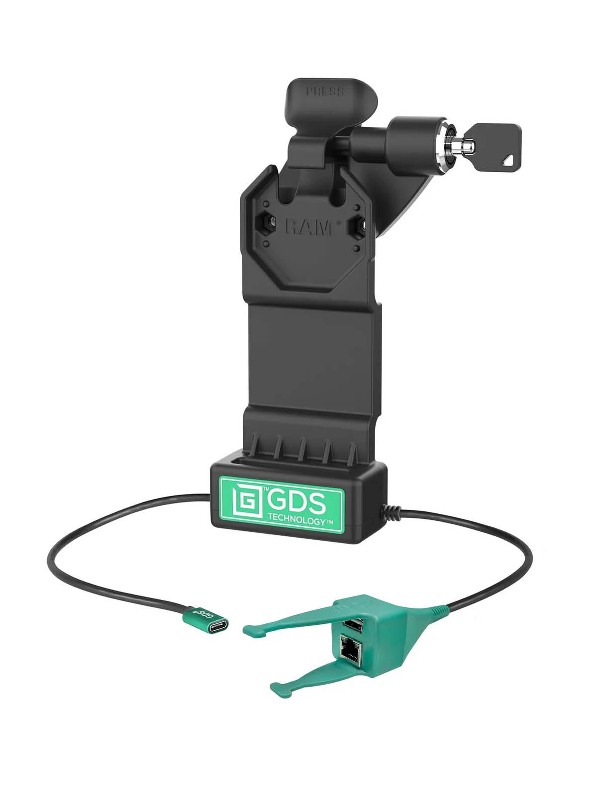 RAM Mounts GDS Uni-Conn Ladestation mit Schlüsselverriegelung (Rechts) - 2-Lochmuster AMPS - USB-C & USB-A/RJ45-Anschluss - Schrauben-Set