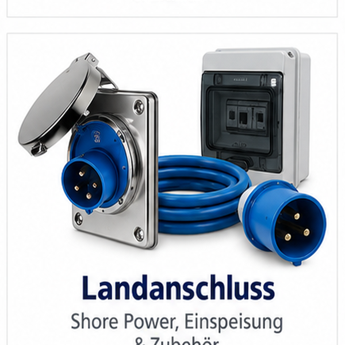 Landanschluss-Set mit blauer CEE-Steckvorrichtung, Kabeltrommel und Verteilerkasten für Boote.