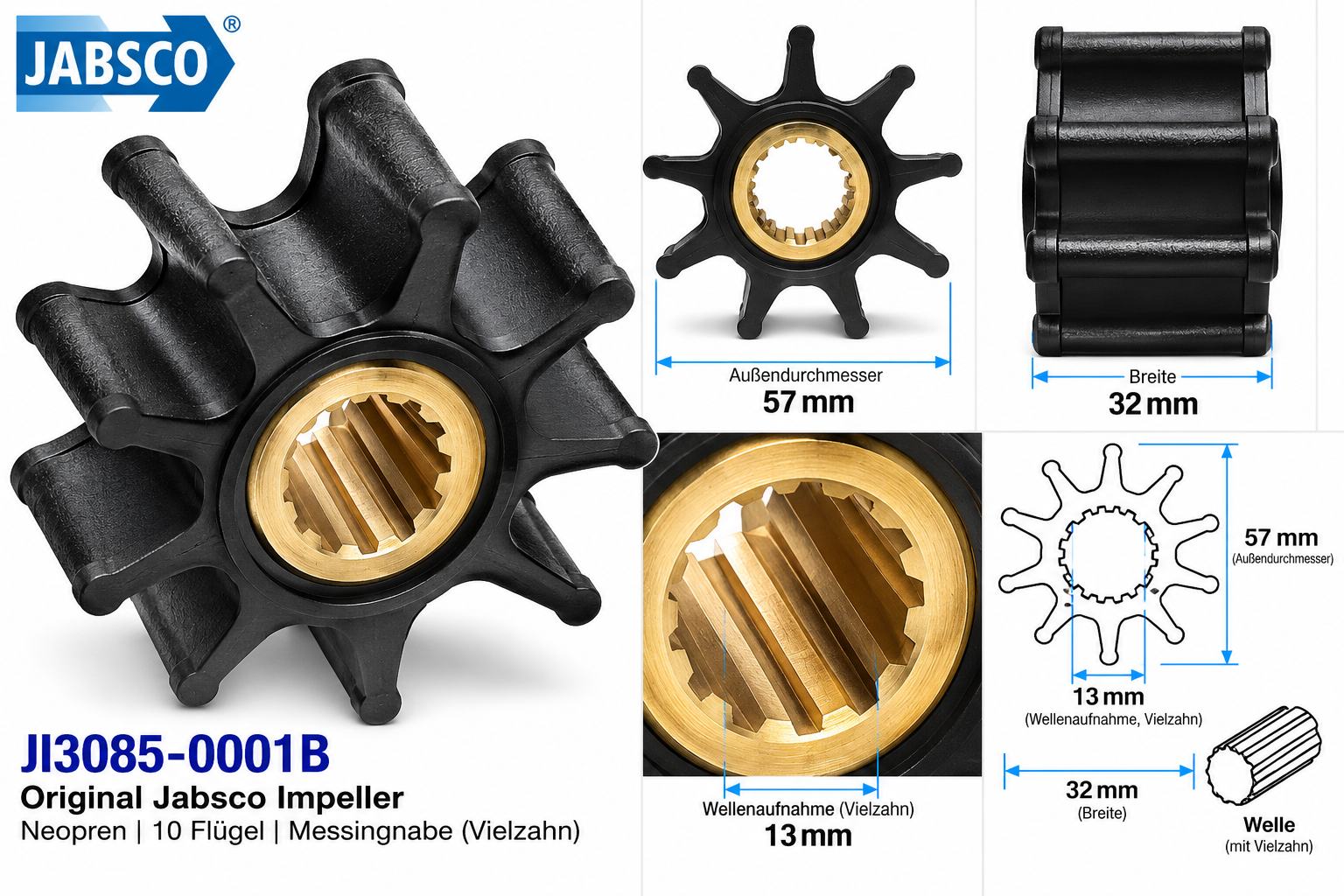 Jabsco Impeller Neopren/Ms 57mm mit Maßangaben in einer technischen Zeichnung