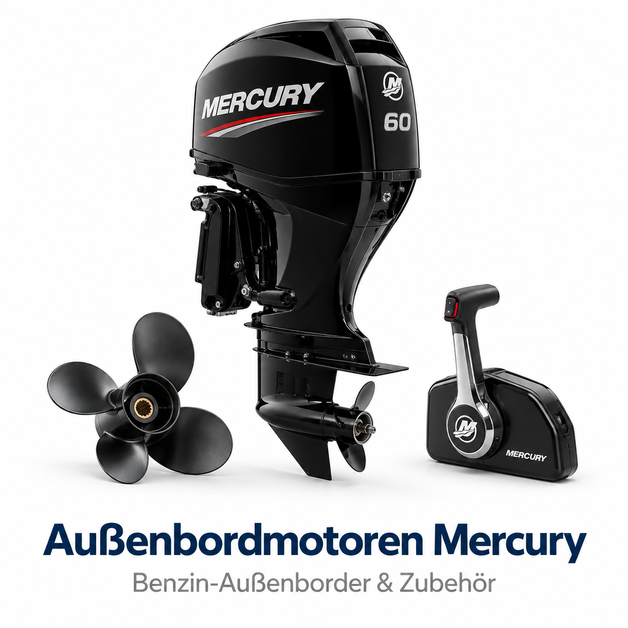 Mercury 60 PS Benzin-Außenbordmotor in Schwarz mit separatem Propeller und Schaltung vor weißem Hintergrund.