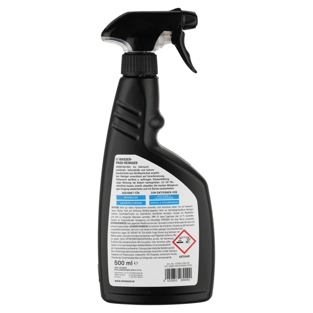 Sprenger Wasserpass-Reiniger, 500ml in der Seitenansicht der Flasche.