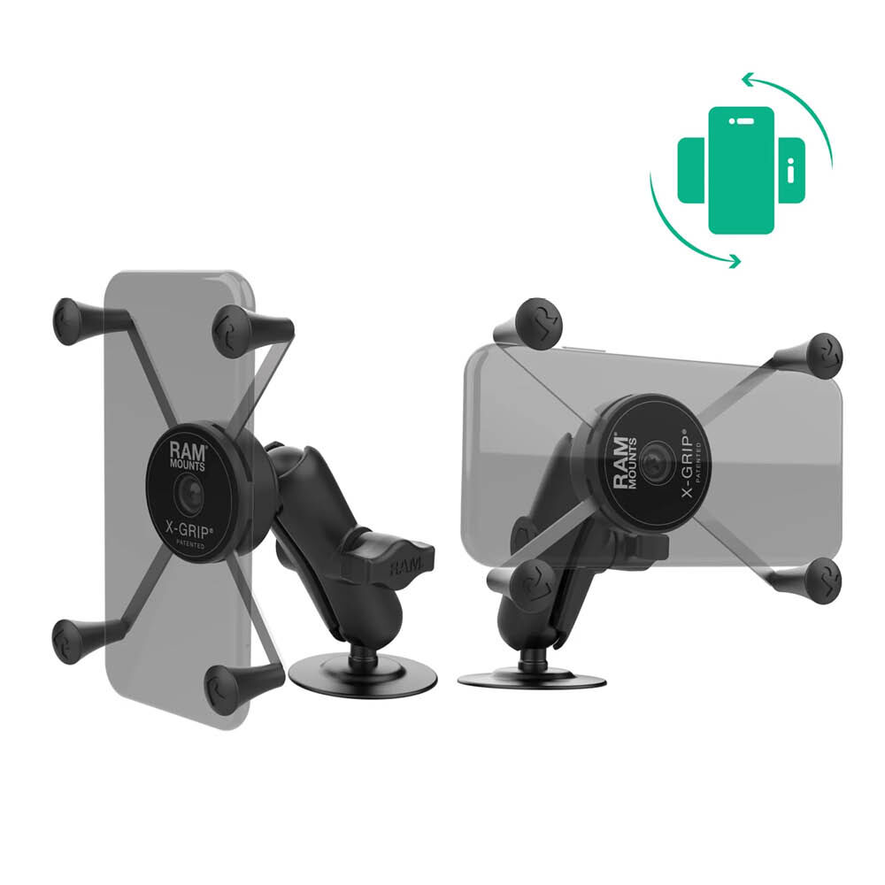 RAM Mounts X-Grip Aufbau-Klebehalterung mit Rotation für Smartphones (Verbundstoff) - Bis 114,3 mm Breite - Mittlerer Verbindungsarm - Runde Klebebasis - B-Kugel (1 Zoll)