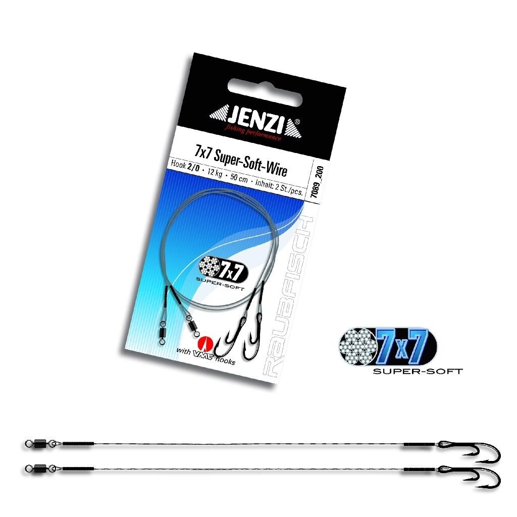 Jenzi Powerflex 7x7 Super-Soft-Stahlvorfach mit zwei Schlaufen, Ryderhaken 2/0, 12 Kg,  Länge 50 cm
