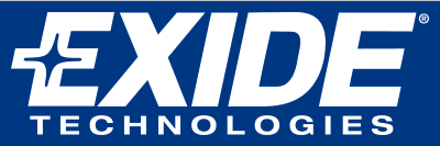 Das weiße Exide Technologies Firmenlogo auf blauem Hintergrund.