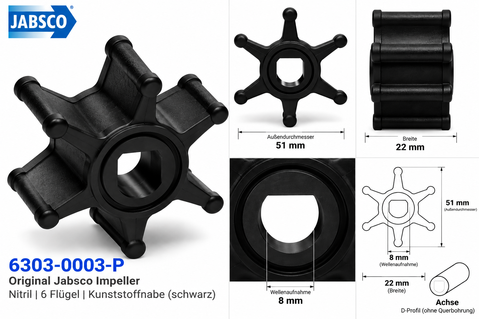 Jabsco Impeller-Kit Nitril Kunstststoff mit Maßen in einer technischen Zeichnung dargestellt.