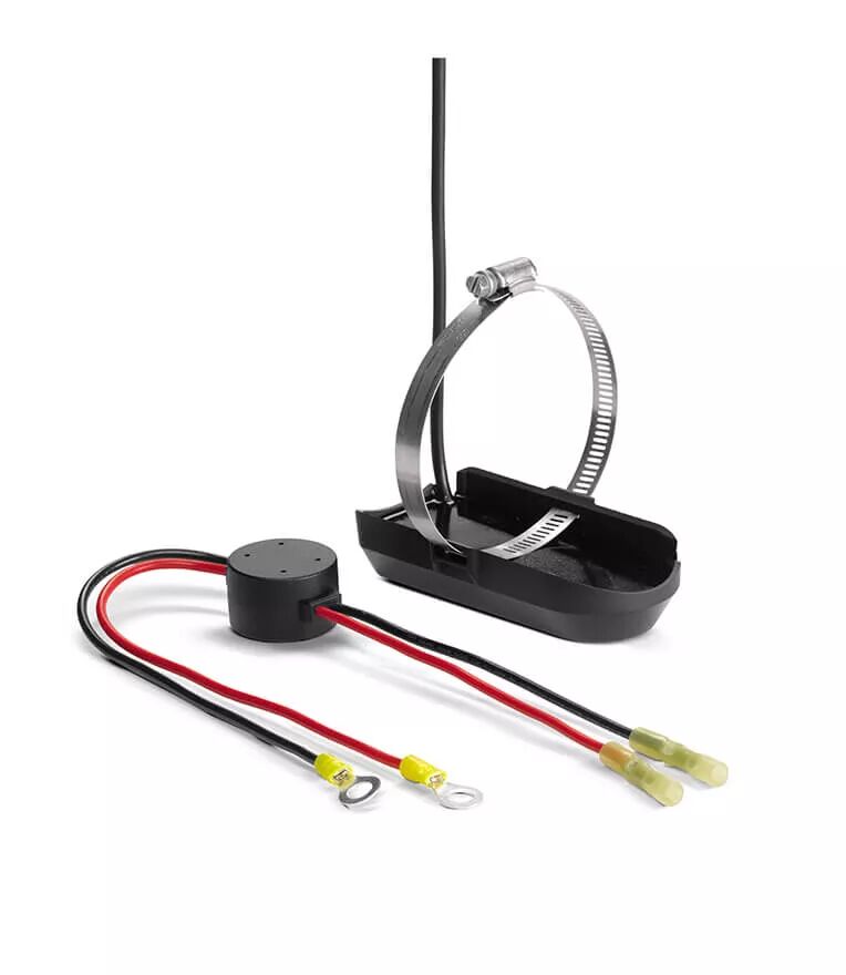 Humminbird Geberhalterung mit Schlauchschelle und Lautsprecher oder Sensor mit roten und schwarzen Kabeln.