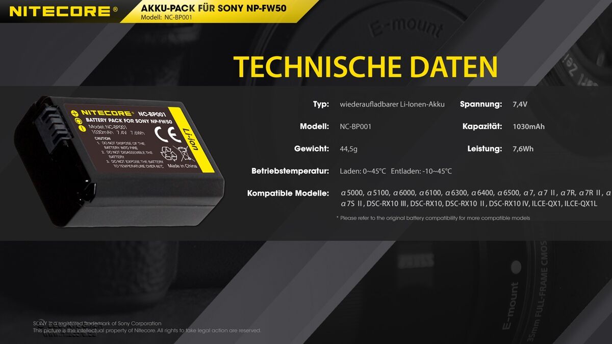 Nitecore NP-FW50 Kamera Akku für Sony