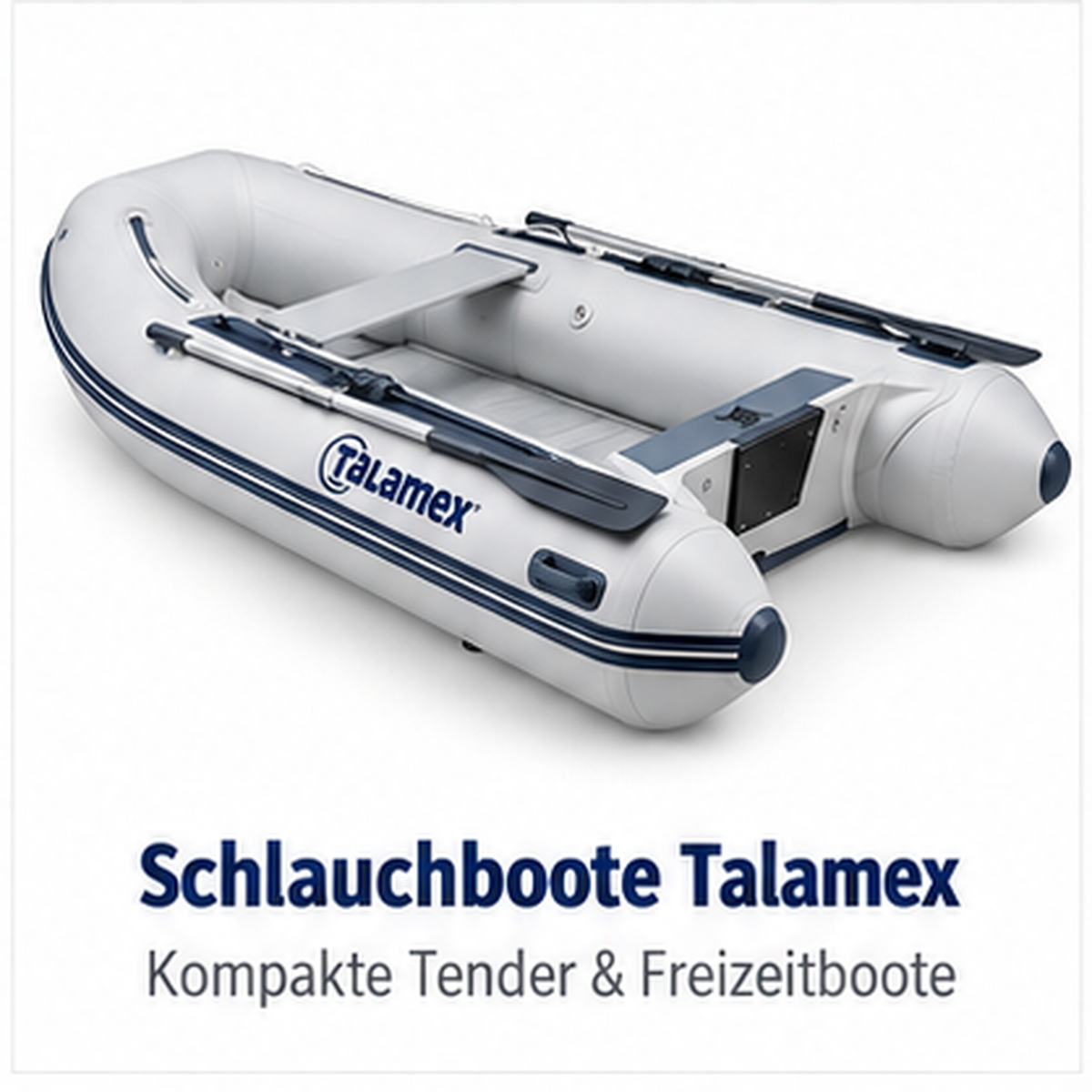 Graues Talamex Schlauchboot mit blauen Akzenten, Sitzbank und montierten Rudern auf weißem Hintergrund.