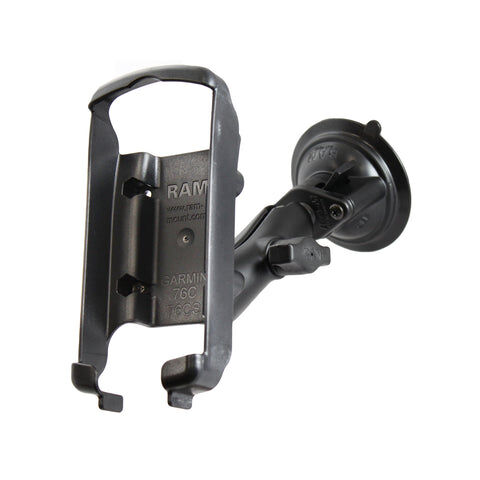 RAM Mounts Saugfuss-Halterung Garmin GPS 76/76C - mittlerer Verbindungsarm, 2x Diamond-Basisplatte (Trapez), Halteschale, B-Kugel (1 Zoll), im Polybeu