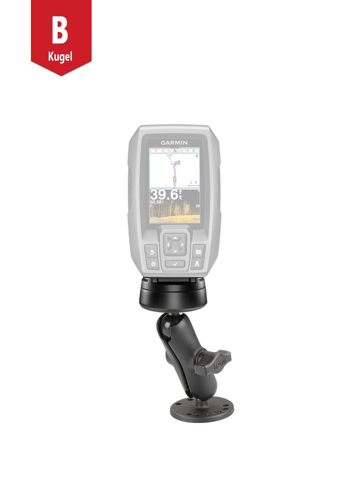 RAM Mounts Marine Aufbau-Set für Garmin Striker/Echo/Echomaps - B-Kugel (1 Zoll) - 2x Runde Basisplatten (AMPS) - Mittlerer Verbindungsarm (ca. 94,74 mm) - Schrauben-Set