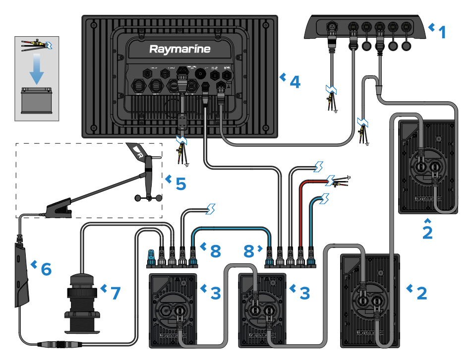 Schemazeichnung des Raymarine Alpha Netzwerks mit Verkabelung und Anschlüssen für Marinegeräte