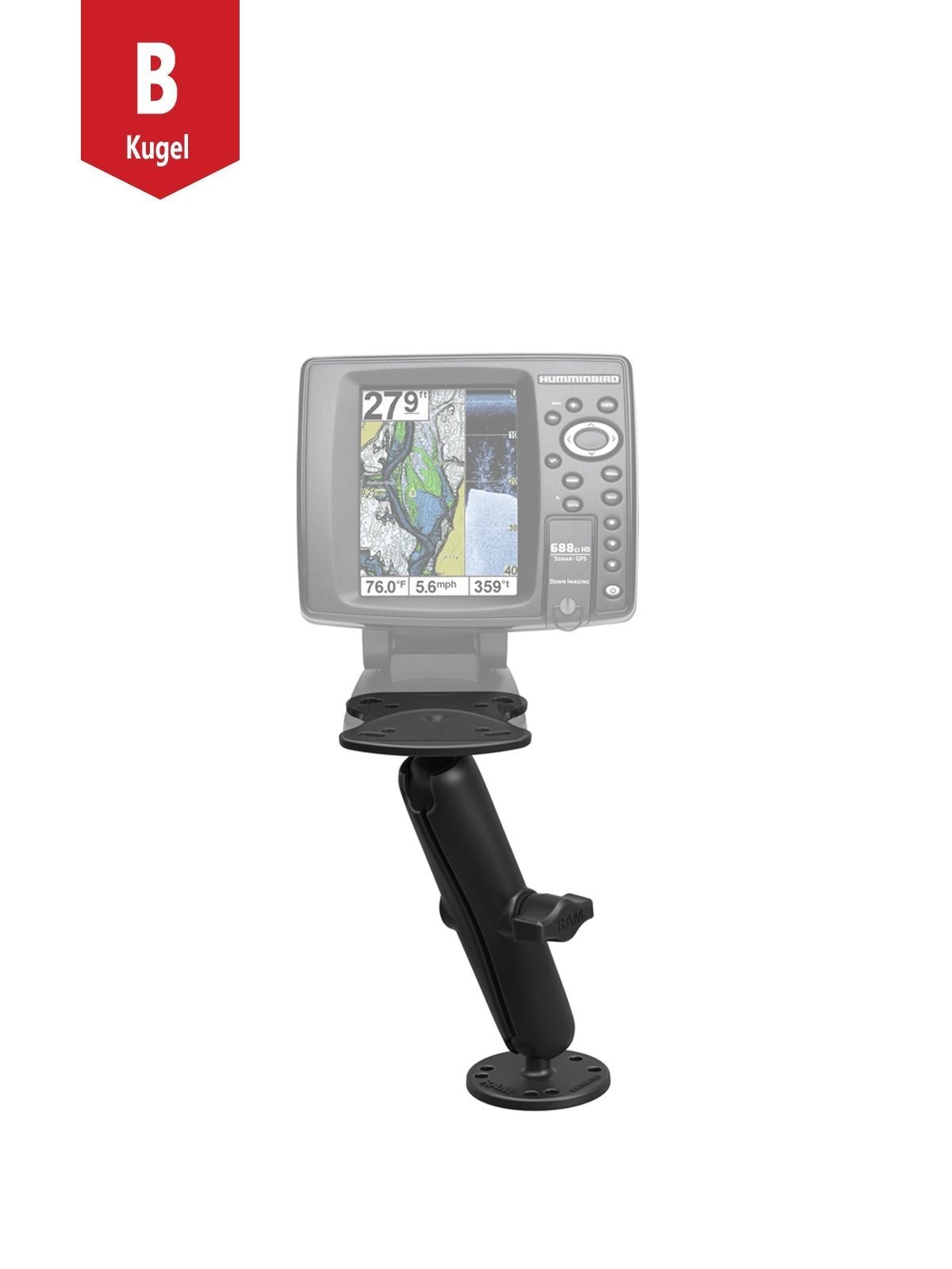 RAM Mounts Marine-Aufbauhalterung Humminbird/Lowrance - B-Kugel (1 Zoll), runde Basisplatte (AMPS), langer Verbindungsarm, Adapterplatte