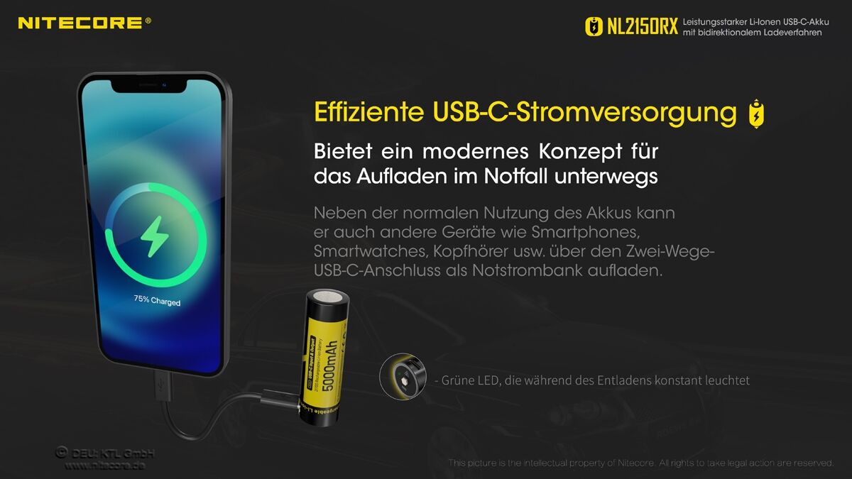 Nitecore Li-Ion Akku Typ 21700 - 5000mAh - NL2150RX mit Powerbank-Funktion