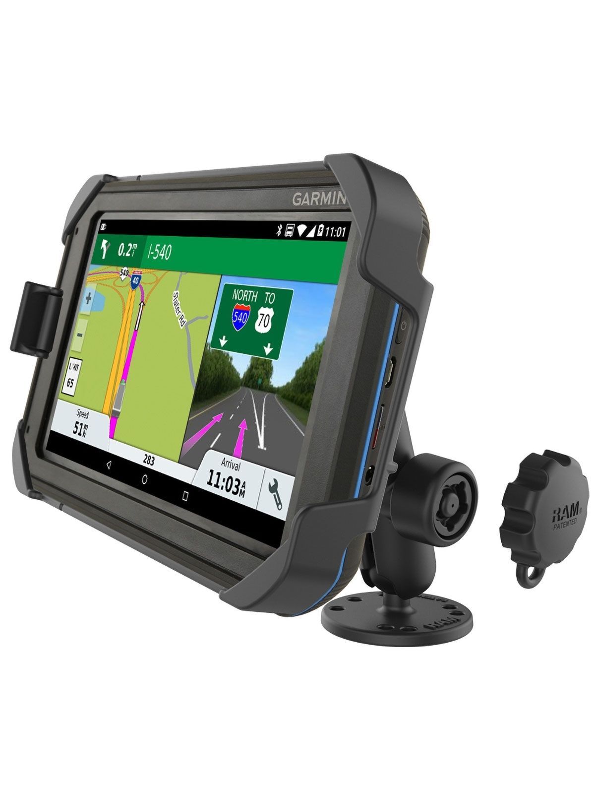 RAM Mounts Fahrzeug Aufbau-Halterung für Garmin Fleet 770, 780 & 790 - B-Kugel (1 Zoll) - Runde Basisplatte (AMPS) - Mittlerer Verbindungsarm mit Pin-Lock (ca. 94,74 mm) - Diamond (Trapez) Basisplatte