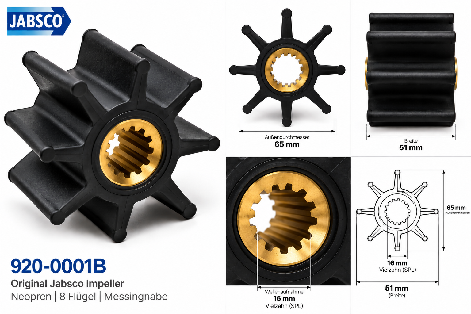 Jabsco Impeller Neopren mit 65mm und 8 Flügeln in einer Maßzeichnung