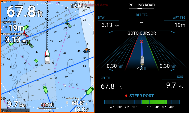 Marine-Navigationsdisplay mit Seekarte, Schiffsdaten und Rolling-Road-Ansicht zur Routenführung