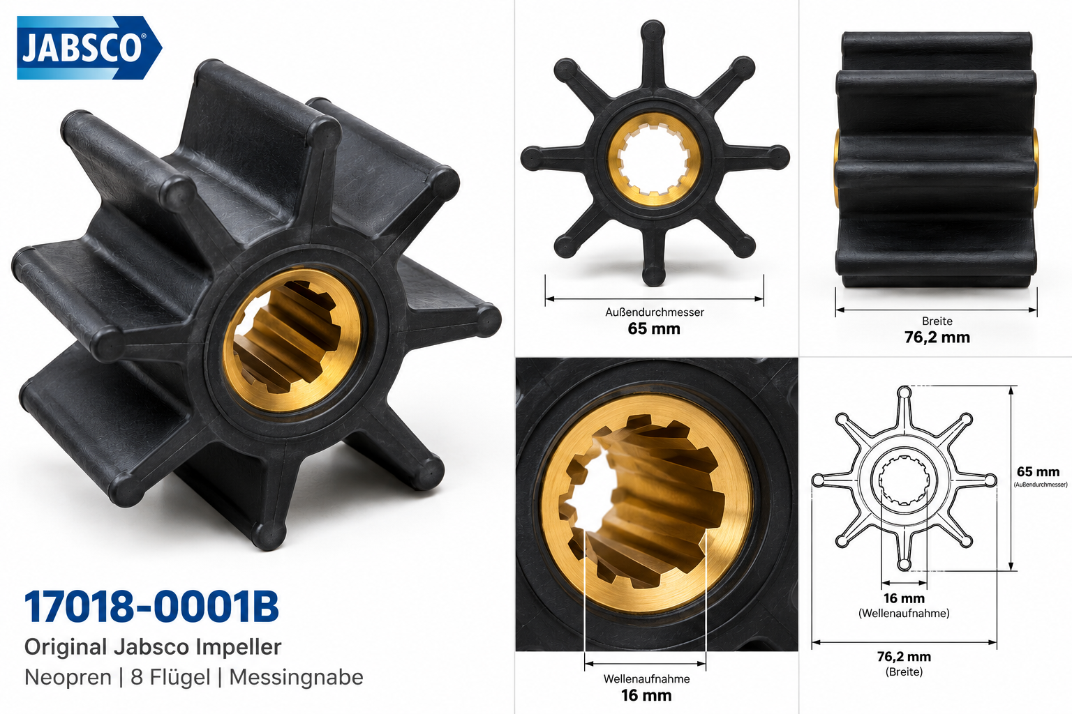 Jabsco Impeller Neopren 65 mm 8 Flügel in einer technischen Zeichnung mit Abmessungen.