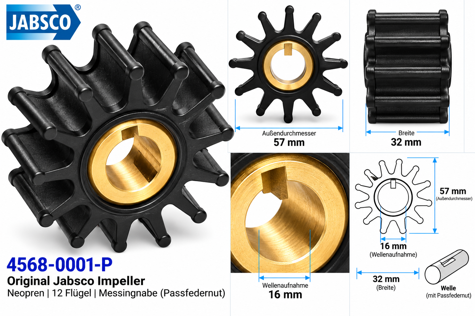 Jabsco Impeller-Kit mit Maßen in einer technischen Zeichnung mit Abmessungen.
