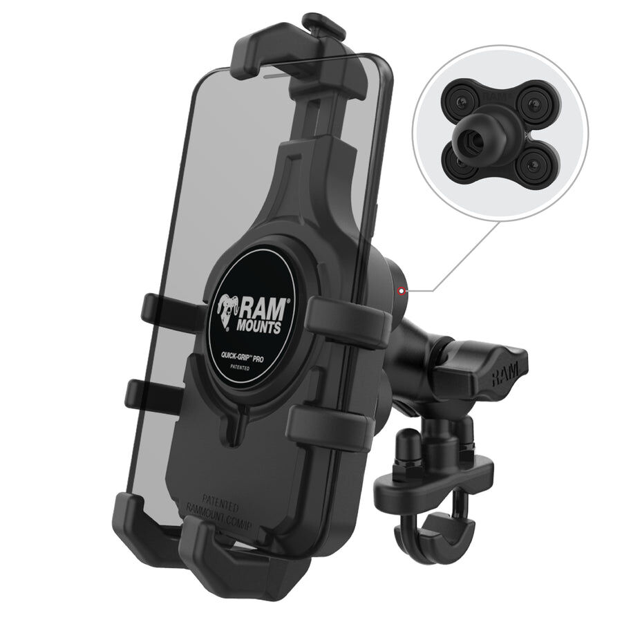 RAM Mounts Quick-Grip Pro Lenker- & Rundrohr-Set - Mit Vibrationsdämpfung B-Kugel (1 Zoll) - 1x Diamond (Trapez) Basisplatte (AMPS) - Kurzer Verbindungsarm (ca. 61,46 mm) - 1x U-Bügel Klemmbasis (Klemmbereich 12,7 - 31,8 mm)