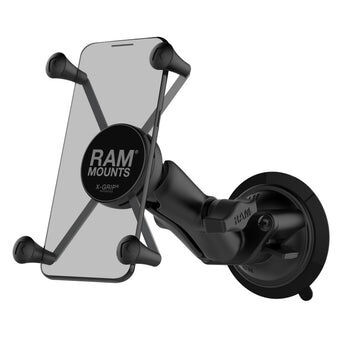 RAM Mounts X-Grip Saugfuß-Halterung für Smartphones - Bis 114,3 mm Breite - Mittlerer Verbindungsarm - Saugfuß mit Trapez-Basiskugel - B-Kugel (1 Zoll) - Schrauben-Set