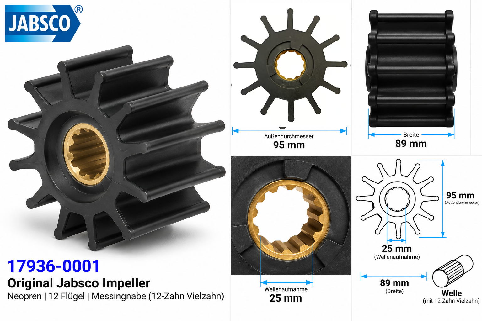 Jabsco Impeller Neopren/Ms 95mm mit 12 Flügeln als Maßzeichnung mit allen Abmessungen im Detail