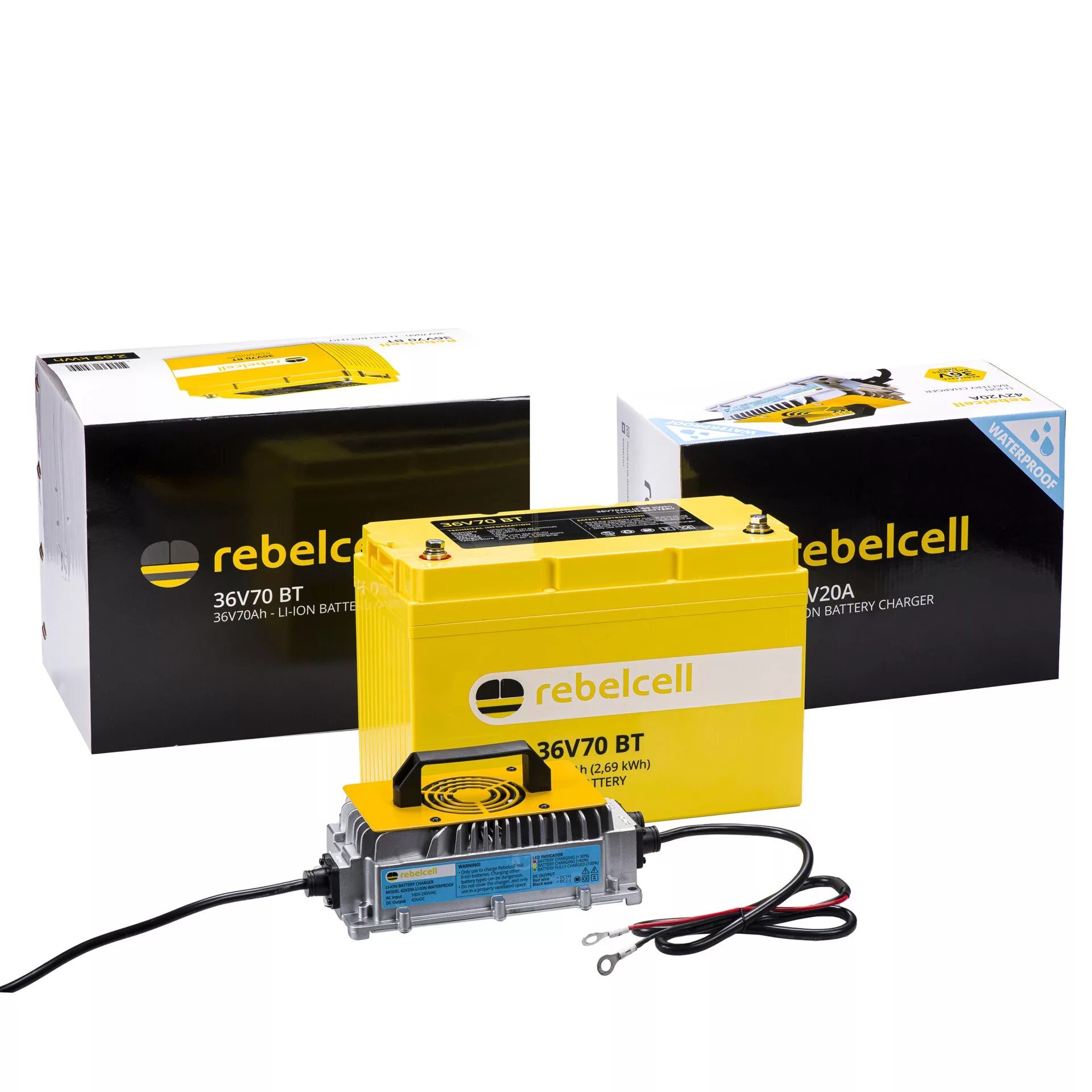 RebelCell 36V70 BT Lithium Batterie (36V 70Ah) mit 42V 20A Ladegerät Combo