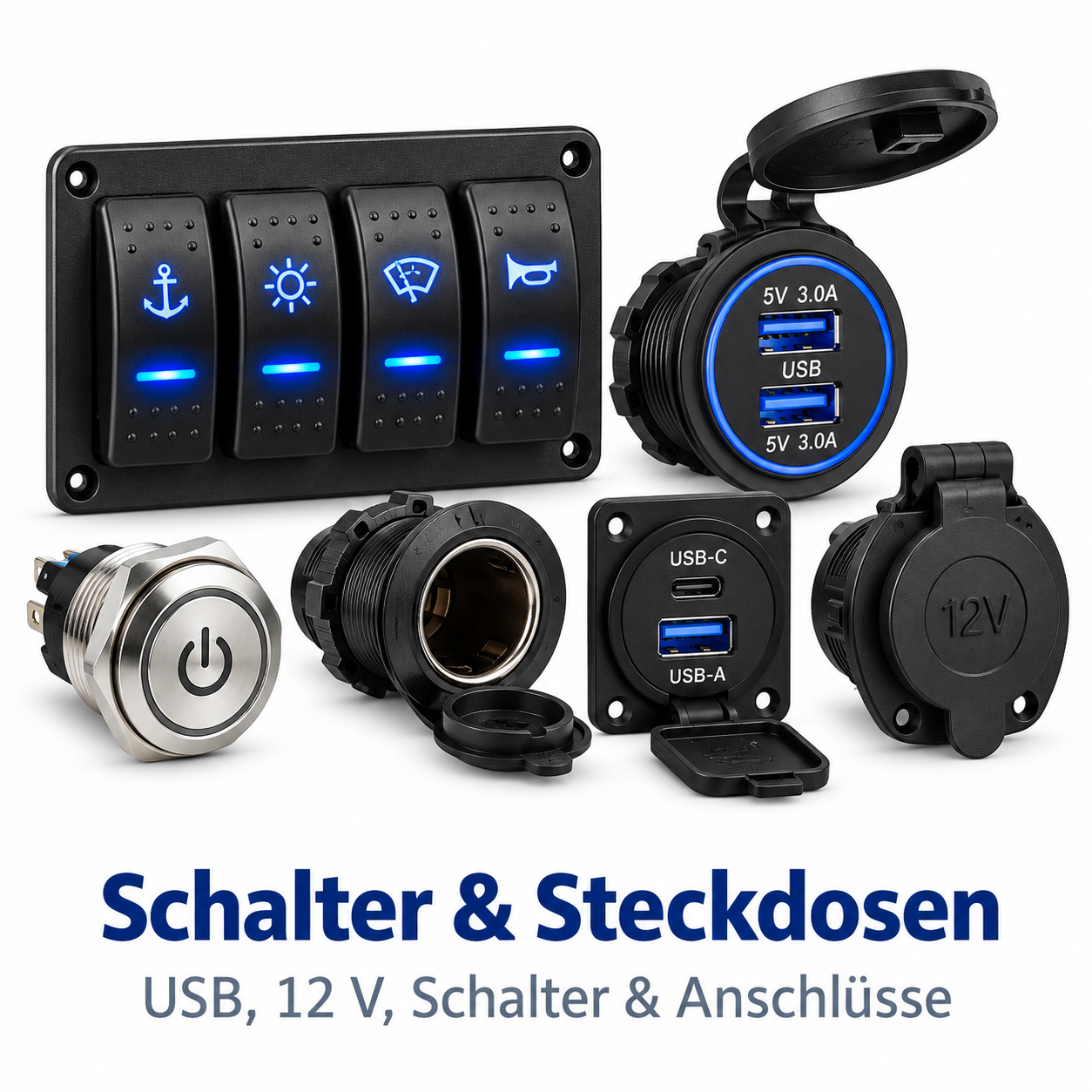 Schalter- und Steckdosen-Set mit vier beleuchteten Kippschaltern, Dual-USB-Anschlüssen, 12-V-Steckdose und USB-C-Buchse.
