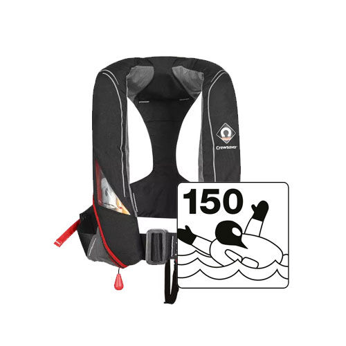 Schwarze Crewsaver 150N Rettungsweste mit integriertem Schrittgurt und Auslöser auf weißem Hintergrund.