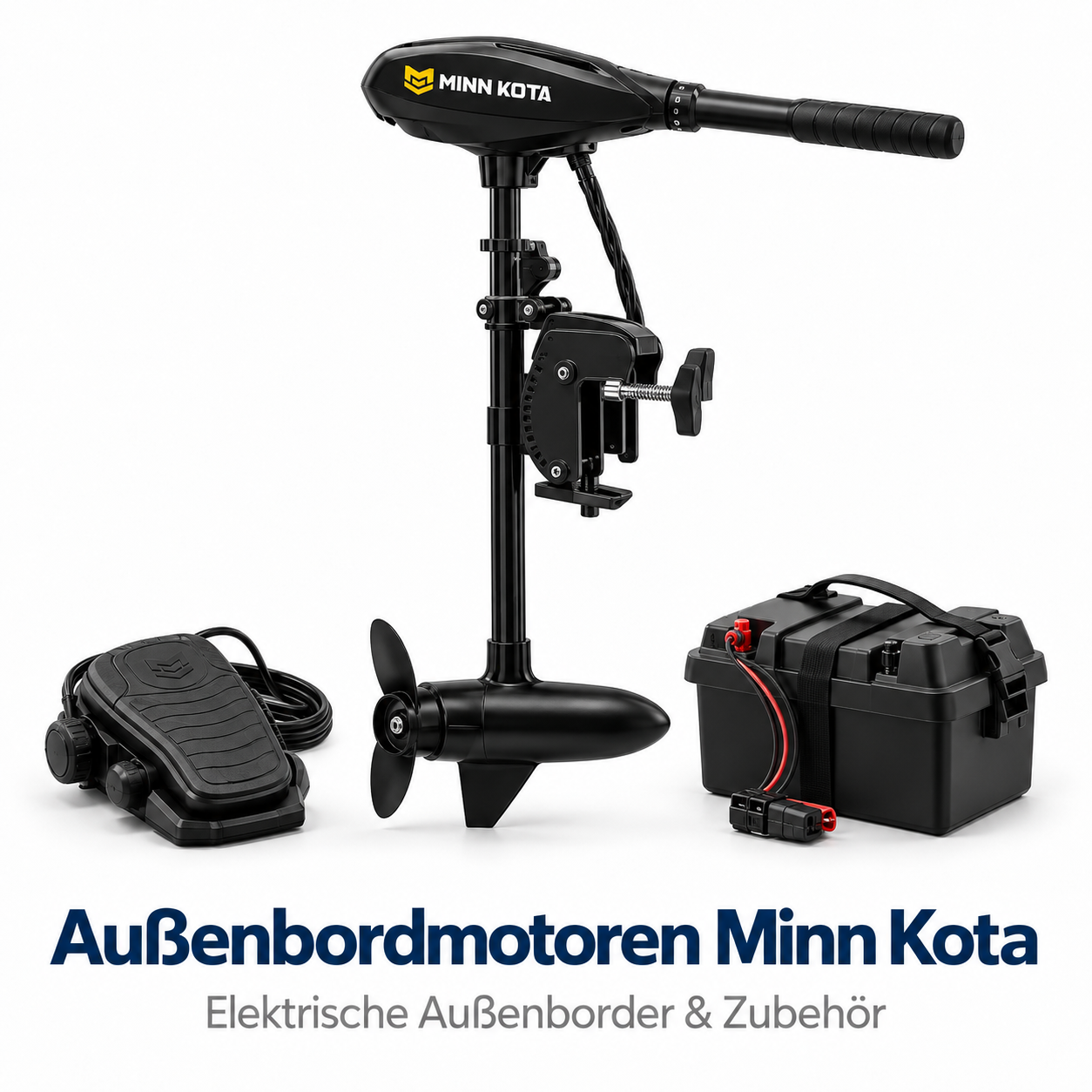 Minn Kota Elektromotor mit Fußpedal und Batterie in schwarzer Box vor weißem Hintergrund