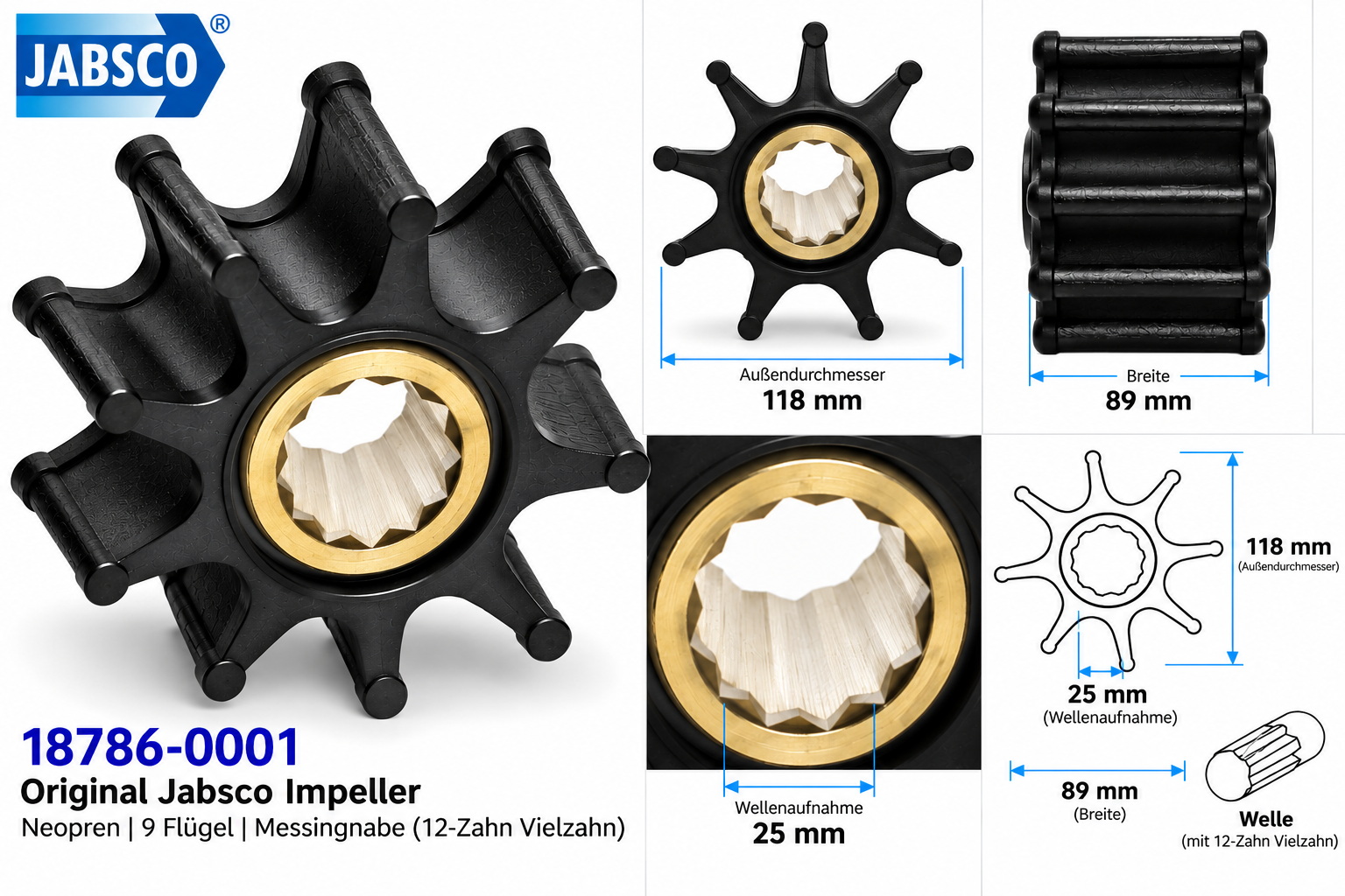 Jabsco Impeller Neopren/Ms 118mm mit 9 Flügeln für Jabsco-Pumpen 18770