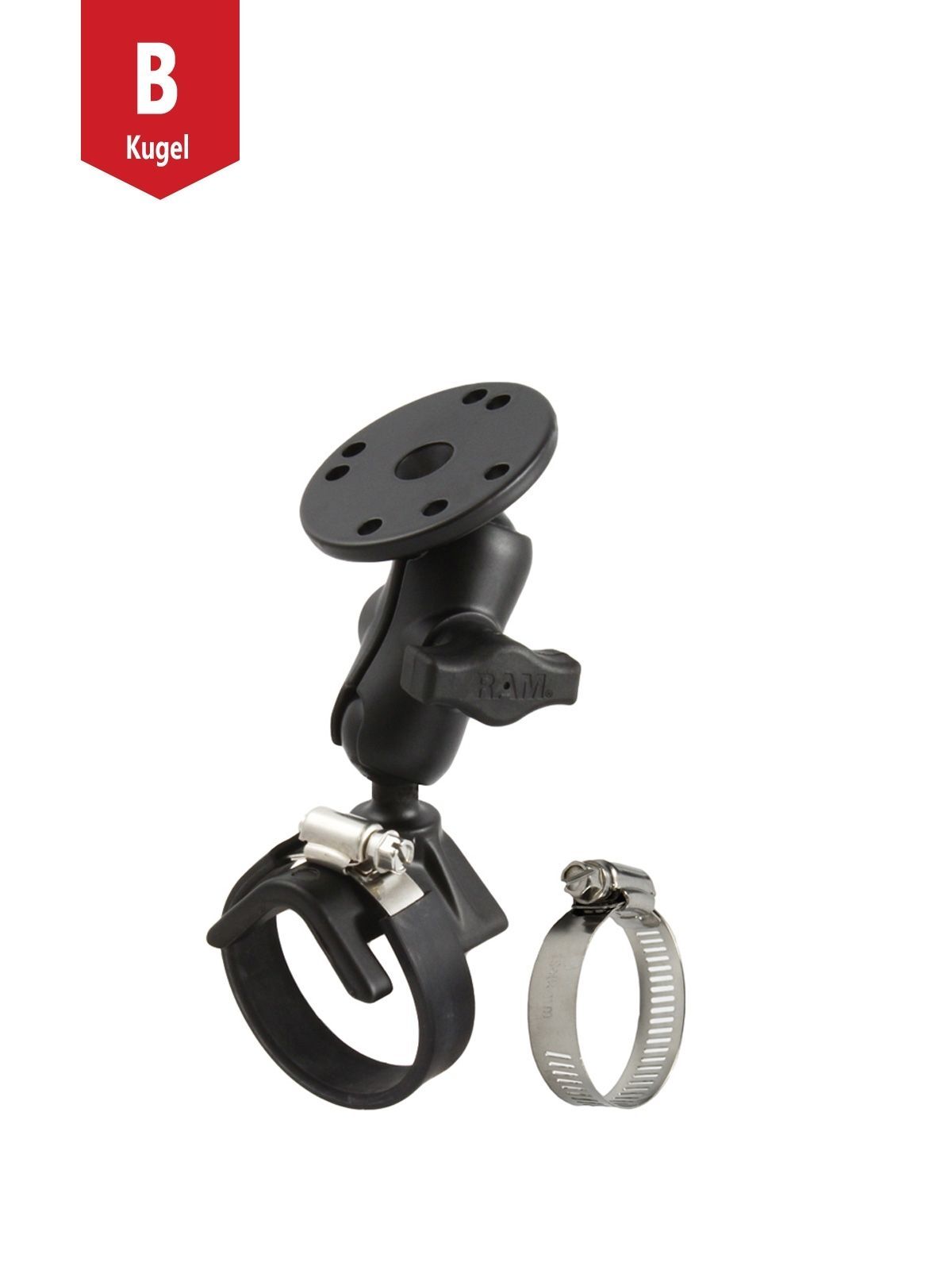 RAM Mounts Aufbau-Set - B-Kugel (1 Zoll) - 1x Rohrschelle (Klemmbereich 25,4 - 53,34 mm) - Kurzer Verbindungsarm (ca. 61,46 mm) - 1x Runde Basisplatte (AMPS)