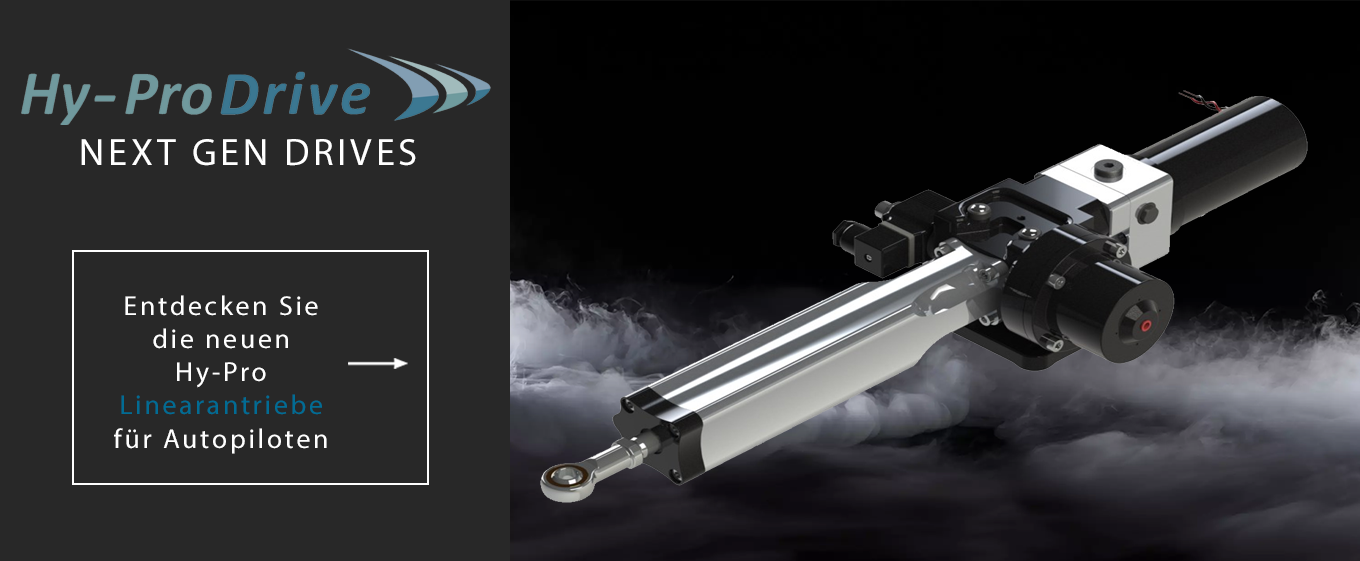 Hy-Pro Linearantrieb für Autopiloten vor dunklem Hintergrund mit leichtem Nebel
