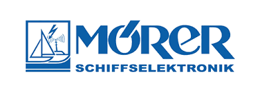 Das blaue Logo von Mörer Schiffselektronik mit Segelboot und Blitz im quadratischen Rahmen.