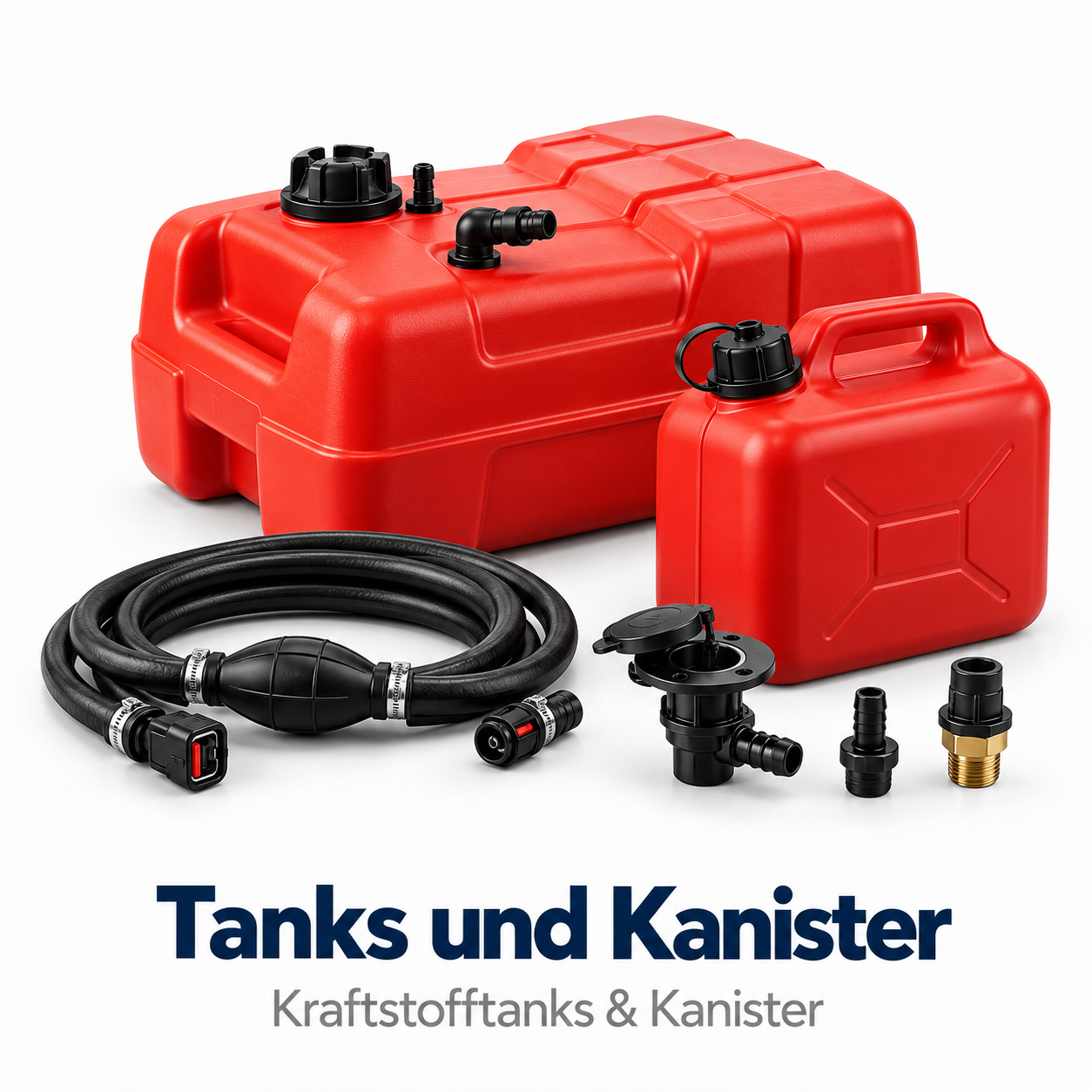 Roter Kraftstofftank und kleiner Kanister mit schwarzem Schlauch und Anschlussteilen auf weiBem Hintergrund