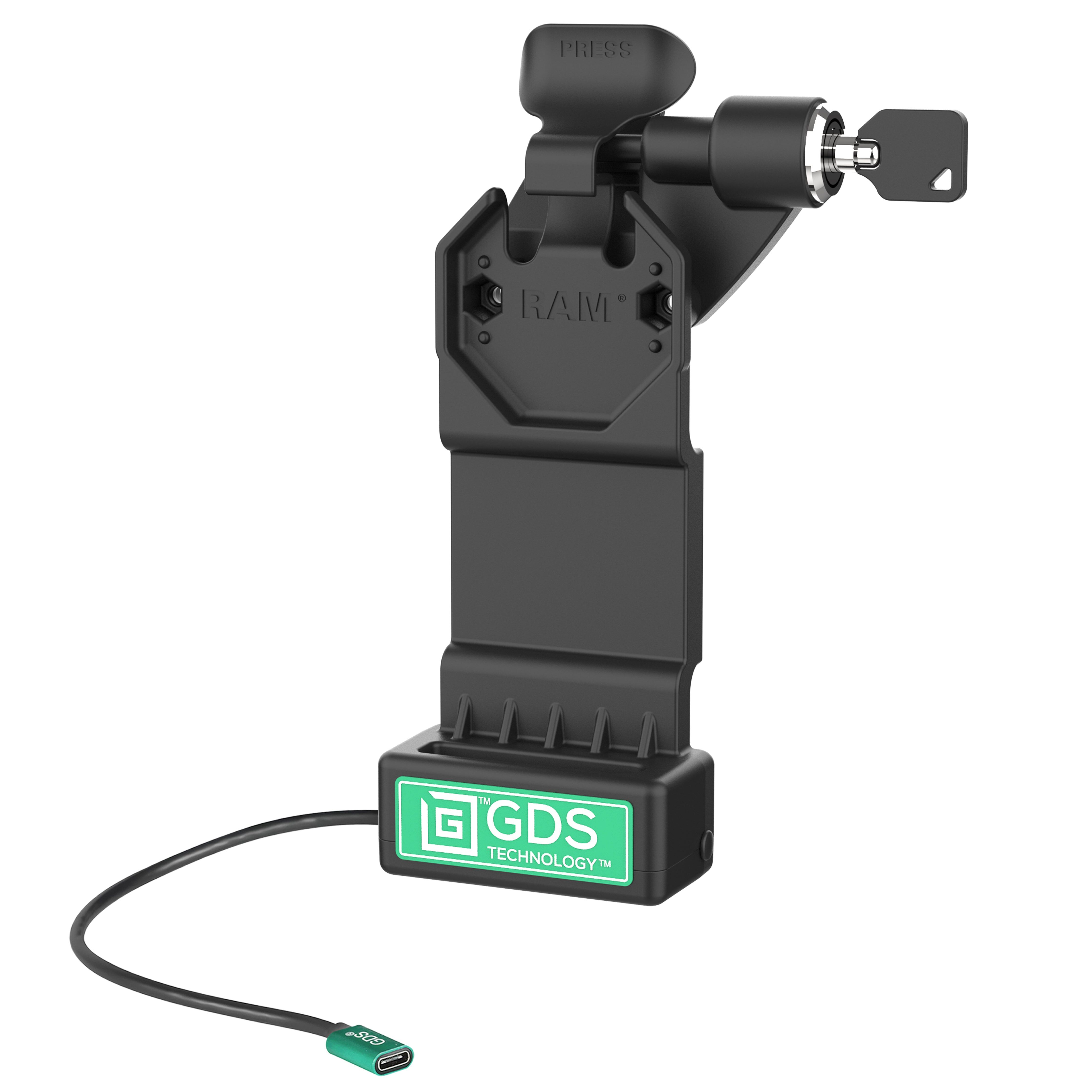 RAM Mounts GDS Uni-Conn Ladestation mit Schlüsselverriegelung (Rechts) - 2-Lochmuster AMPS - USB-C-Anschluss - Schrauben-Set