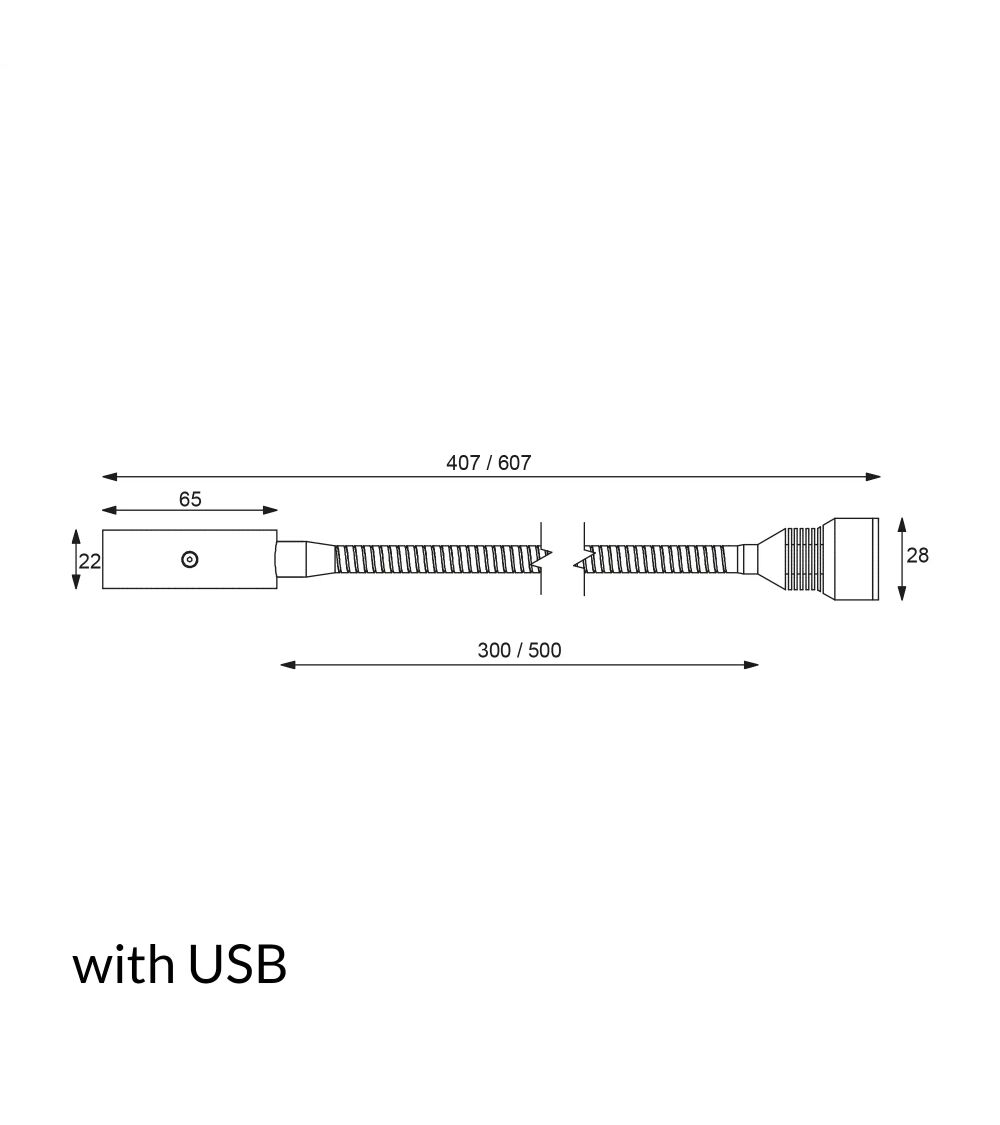 LED-Flexleuchte 01-1, 500mm seitlich, chrom-matt, ww 44°, 11-30V DC - 3W, mit integriertem Dimmer