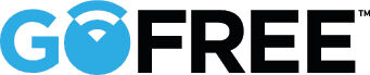 Das blaue und schwarze Markenlogo von GoFree mit integriertem WLAN-Symbol.