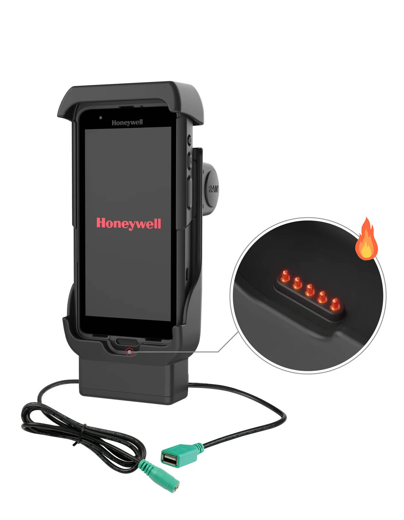 RAM Mounts Form-Fit Halteschale für Honeywell CT40, CT45 & CT47 - Mit und Ohne OEM-Schutzhülle - Beheizte Pogo-Pins - 5.5mm DC & USB-A-Anschluss