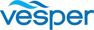 Das blaue Markenlogo von Vesper zeigt den Schriftzug mit zwei stilisierten Wellen darüber.