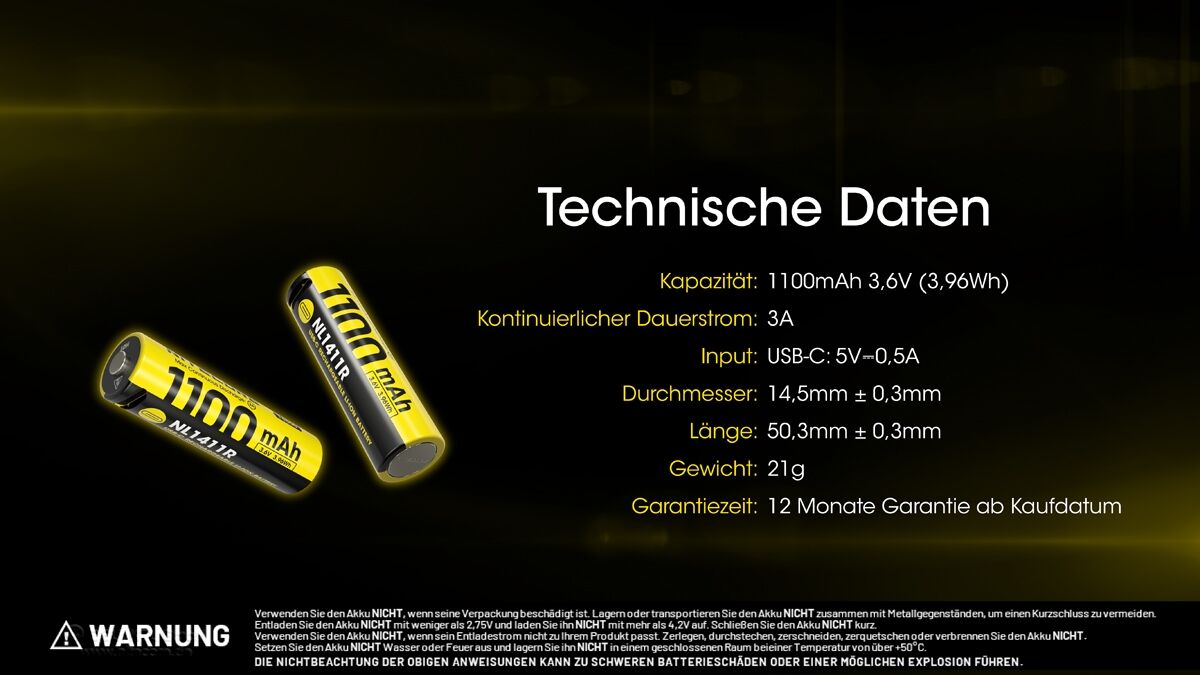 Nitecore Li-Ion Akku 14500, 1100mAh, USB-C, NL1411R