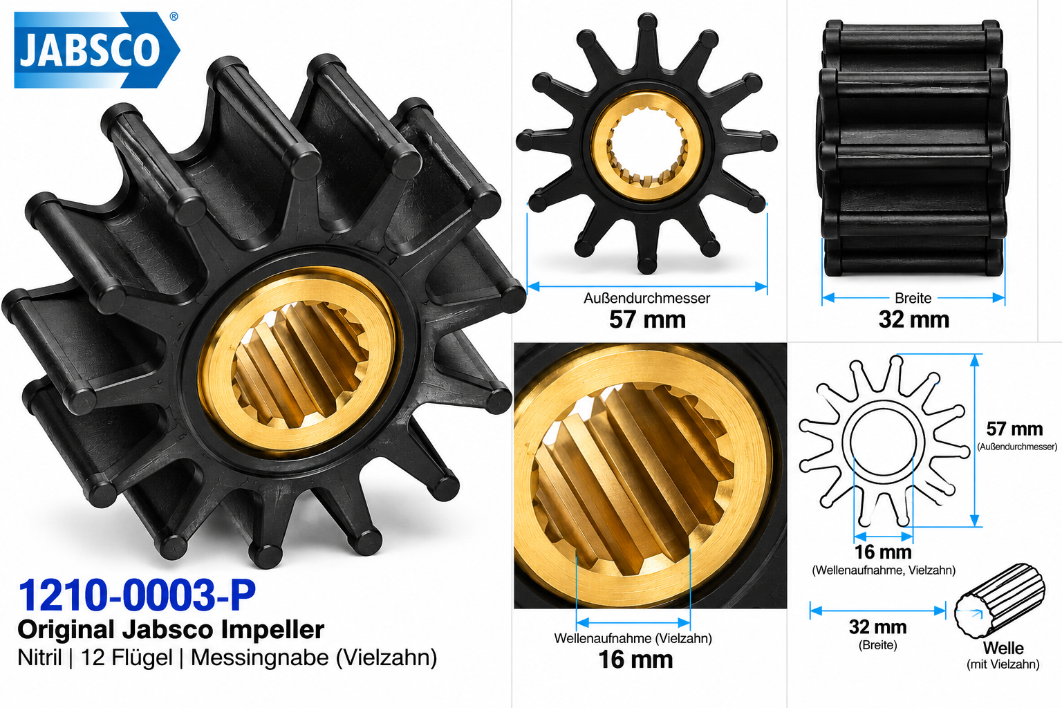 Jabsco Impeller Nitril/Ms mit 57 mm Außendurchmesser in einer Maßzeichnung