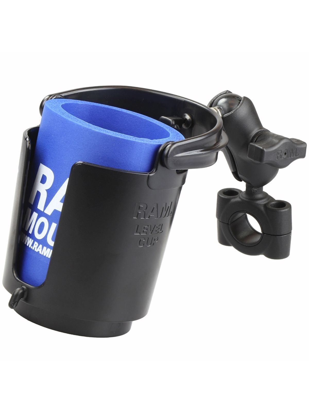 RAM Mounts Torque Getränkehalterung (kurz) - mit Torque-Schelle (Durchmesser 19-25 mm), B-Kugel (1 Zoll), im Polybeutel