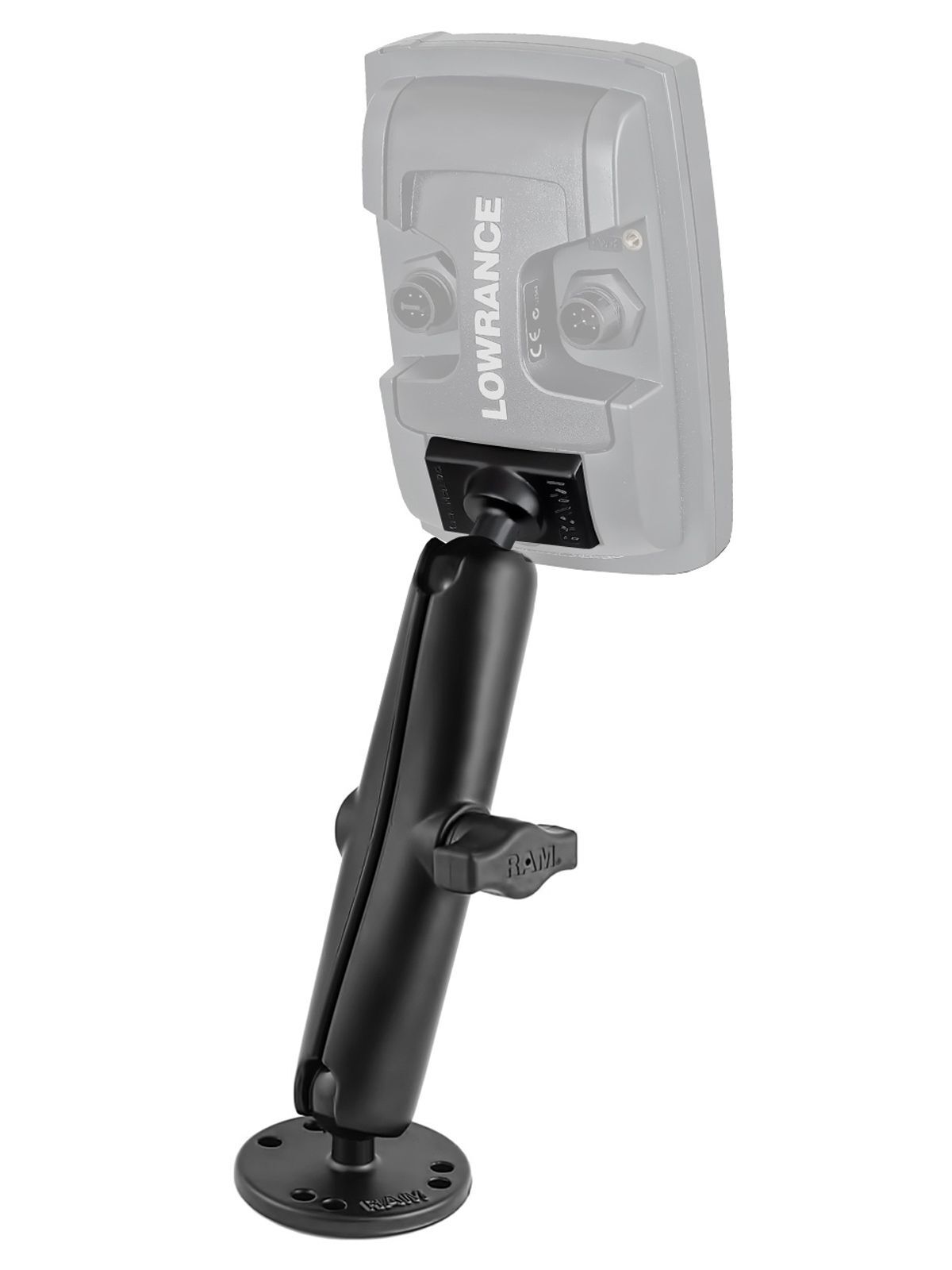 RAM Mounts Marine-Set für Lowrance Elite-4 & Mark-4 - B-Kugel (1 Zoll) - Runde Basisplatte (AMPS) - Langer Verbindungsarm (ca. 152,4 mm) - Lowrance-Adapter