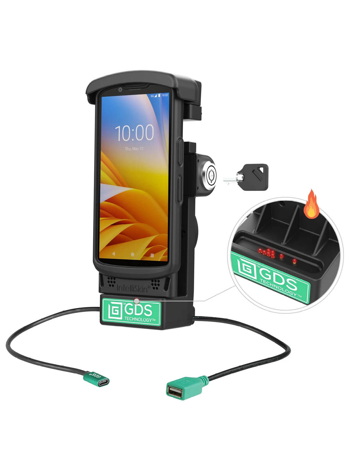 RAM Mounts GDS Halteschale (Schlüsselverriegelung) für Zebra TC2x & TC5x Serie in IntelliSkin Schutzhülle - Beheizte Pogo-Pins - USB-C & USB-A-Anschluss